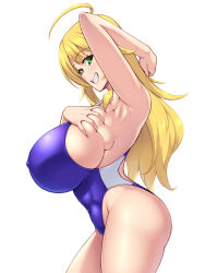 Rule 34 | 1girl, ahoge, arm up, armpits, blonde hair, breasts, hoshii miki, huge breasts, idolmaster, kawanuma uotsuri, long hair, looking at viewer, one-piece swimsuit, smile, solo, swimsuit, white background