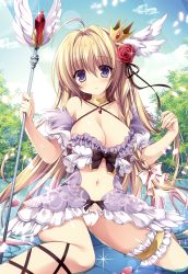 Rule 34 | 1girl, absurdres, bare shoulders, blonde hair, blue sky, blush, bow, bow panties, braid, breasts, cameltoe, cleavage, cloud, collar, collarbone, day, feather trim, fingernails, frills, hair ornament, highres, large breasts, long hair, nanaroba hana, navel, outdoors, panties, puffy short sleeves, puffy sleeves, purple eyes, short sleeves, sitting, sky, solo, sparkle, staff, thigh strap, underwear, wariza, water