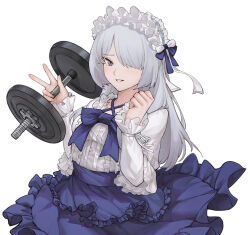Rule 34 | 1girl, ak-15 (girls&#039; frontline), alternate costume, breasts, clenched hand, dumbbell, frilled headwear, frilled shirt, frilled skirt, frills, girls&#039; frontline, grey hair, hair over one eye, hands up, highres, holding, long hair, long sleeves, looking at viewer, purple eyes, purple skirt, ribbon, shirt, simple background, skirt, small breasts, smile, solo, w, white background, white shirt, zerowill