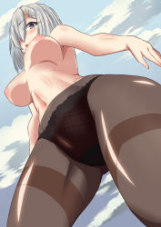 Rule 34 | 10s, 1girl, black panties, blue eyes, blush, breasts, cameltoe, female focus, from below, hair ornament, hair over one eye, hairclip, hamakaze (kancolle), kantai collection, lace, lace-trimmed panties, lace trim, large breasts, lingerie, mushin, navel, nipples, outdoors, panties, panties only, panties under pantyhose, pantyhose, perky breasts, shiny skin, short hair, silver hair, sky, solo, standing, thighs, topfreedom, topless, underwear, underwear only