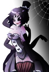 Rule 34 | 1girl, breasts, choker, colored skin, dress, elbow gloves, extra arms, extra eyes, fangs, gloves, hat, highres, huge breasts, mini hat, muffet, nuvex, purple skin, short hair, thighhighs, top hat, undertale