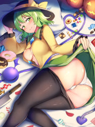 Rule 34 | 1girl, ass, black hat, black pantyhose, commentary, commentary request, green hair, hat, highres, knees together feet apart, komeiji koishi, looking at viewer, lying, medium hair, nagomian, on side, panties, pantyhose, short hair, smile, solo, touhou, underwear