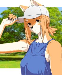Rule 34 | 1girl, absurdres, adjusting clothes, adjusting headwear, animal ears, animal nose, bare shoulders, black nails, blue shirt, blush, breasts, brown hair, closed mouth, dog ears, dog girl, flying witch, furry, furry female, hat, highres, holding, holding clothes, holding hat, inukai (flying witch), ishizuka chihiro, large breasts, long sleeves, looking at viewer, medium hair, nail polish, official art, outdoors, ponytail, shirt, simple background, sleeveless, sleeveless shirt, smile, solo, tail, tree, white hat, yellow eyes