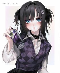 Rule 34 | bad id, bad twitter id, black hair, blouse, blue eyes, collar, collared shirt, cross, cross necklace, ear piercing, hair intakes, hair ornament, highres, jewelry, mole, mole under eye, nail polish, necklace, original, piercing, purple nails, shirt, solo, tagme, twintails, two side up, unxi, white shirt