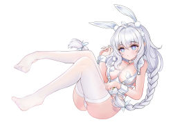 Rule 34 | 1girl, absurdres, animal ear fluff, animal ears, ass, azur lane, blue eyes, braid, breasts, chinese commentary, commentary, fake animal ears, feet, full body, highres, knees up, le malin (azur lane), le malin (listless lapin) (azur lane), leaning back, legs, legs up, leotard, long hair, official alternate costume, playboy bunny, rabbit ears, see-through, silver hair, simple background, sitting, solo, thighhighs, thighs, toes, twin braids, twintails, very long hair, white background, white leotard, white thighhighs, wrist cuffs