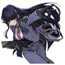 Rule 34 | 1girl, armor, artist request, belt, black eyes, black gloves, black hair, blazer, buttons, chain, collared shirt, drone, expressionless, formal, fox shadow puppet, gloves, hair ornament, highres, hime cut, holding, holding tablet pc, jacket, long hair, looking at viewer, nao (omega strikers), necktie, official art, omega strikers, pants, red necktie, shirt, shoulder armor, simple background, solo, suit, tablet pc, thigh gap, tie clip, white shirt