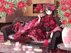 Rule 34 | 1girl, animal ears, black hair, blush, boots, brown upholstery, cake, capelet, cat ears, cat tail, cheesecake, corset, couch, cross-laced footwear, cup, doily, flower, food, glass table, gothic lolita, hair flower, hair ornament, highres, hourglass, kanzaki miku, kuroinu, lace-up boots, lolita fashion, original, pastry, patterned legwear, peony (flower), print thighhighs, purple eyes, red eyes, rose, saucer, short hair, sitting, solo, steam, stuffed animal, stuffed toy, table, tail, tea set, teacup, teapot, thighhighs, tiered serving stand, vase, wa lolita, wallpaper