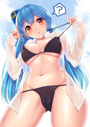 Rule 34 | 1girl, :o, ?, areola slip, bikini, bikini pull, bison cangshu, blue hair, blue sky, blush, breasts, cleavage, clothes pull, cloud, clueless, covered erect nipples, cowboy shot, day, dress shirt, female focus, from below, groin, hat, large breasts, long hair, looking at viewer, navel, nipple slip, nipples, open clothes, open mouth, open shirt, outdoors, pulling own clothes, quincy (warship girls r), red eyes, see-through, shirt, sky, solo, speech bubble, standing, string bikini, swimsuit, underboob, uss quincy (zhan jian shao nyu), very long hair, warship girls r, wet, white shirt