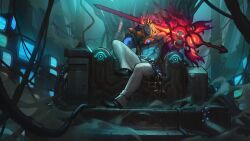 Rule 34 | 1boy, belt, black belt, black footwear, blonde hair, chain, chair, colored skin, crown, extra eyes, full body, glowing, glowing eyes, grey skin, highres, holding, holding sword, holding weapon, jacket, league of legends, long hair, looking at viewer, male focus, official art, open clothes, open jacket, pants, pink jacket, solo, soul fighter viego, sword, television, third eye on chest, viego (league of legends), weapon, white pants
