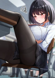 Rule 34 | 1girl, absurdres, black hair, black pantyhose, black skirt, bralines, breasts, chair, classroom, collared shirt, desk, earbuds, earphones, highres, iro (boo iro), large breasts, long sleeves, miniskirt, object on breast, original, pantyhose, red eyes, school chair, school desk, school uniform, shirt, short hair, sitting, skirt, solo focus, tablet pc, thighband pantyhose, white shirt