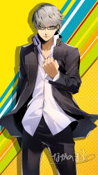 Rule 34 | 1boy, absurdres, black pants, clenched hand, closed mouth, glasses, grey eyes, grey hair, hair between eyes, highres, jacket, long sleeves, looking at viewer, male focus, multicolored background, nakano maru, narukami yuu, open clothes, open jacket, pants, persona, persona 4, school uniform, shirt, simple background, solo, white shirt, yasogami school uniform