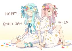 Rule 34 | 2girls, alternate costume, back-to-back, barefoot, blue ribbon, blunt bangs, blush, braid, chipochopo324, closed eyes, closed mouth, collared dress, commentary, crown braid, dated, dress, flower, flower request, flower wreath, gradient background, hair flower, hair ornament, hair ribbon, hand on another&#039;s hand, happy birthday, head wreath, kotonoha akane, kotonoha aoi, leg ribbon, long hair, low-tied sidelocks, multiple girls, neck flower, neck ribbon, petals, red ribbon, ribbon, siblings, sidelocks, sisters, sitting, smile, striped ribbon, voiceroid, white background, white dress, white flower, yellow background, yellow flower