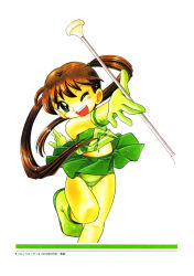 Rule 34 | 00s, 1girl, 2003, baton, blush, boots, brown hair, child, elbow gloves, gloves, green eyes, green footwear, green gloves, green panties, green shirt, green skirt, highres, holding, hoshino fuuta, leg up, long hair, looking at viewer, midriff, navel, one eye closed, panties, shirt, skirt, smile, solo, tank top, teeth, twintails, twirl baton, underwear, white background, wind, wind lift, wink