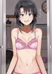 Rule 34 | 1girl, antenna hair, arms at sides, bare arms, bare shoulders, basket, black hair, blush, bra, breasts, cleavage, clock, clothes hanger, collarbone, commentary, doorway, grey jacket, highres, idolmaster, idolmaster (classic), indoors, jacket, kikuchi makoto, looking at viewer, navel, nervous smile, open mouth, pink bra, purple eyes, short hair, small breasts, smile, solo, stomach, sweat, translated, tsurui, underwear, underwear only, upper body