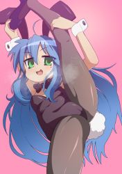 Rule 34 | 1girl, abiko zyozi, absurdres, ahoge, animal ears, bad id, bad pixiv id, black bow, black bowtie, black leotard, black pantyhose, blue hair, blush, bow, bowtie, breasts, cameltoe, fake animal ears, green eyes, highres, izumi konata, leg up, leotard, long hair, looking at viewer, lucky star, open mouth, pantyhose, pink background, playboy bunny, rabbit ears, shiny clothes, shiny skin, simple background, small breasts, solo, split, standing, standing on one leg, standing split, sweat