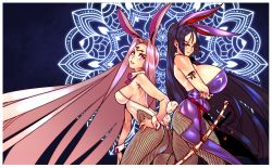 Rule 34 | 2girls, absurdly long hair, absurdres, animal ears, ass, back-to-back, belt, black hair, breast hold, breasts, cheunchin, commentary, commission, detached collar, english commentary, facial mark, fake animal ears, fate/grand order, fate (series), female focus, fishnet pantyhose, fishnets, forehead, forehead mark, hand on own hip, height difference, highres, huge breasts, leaning forward, leotard, lips, long hair, looking at viewer, magic circle, matching hair/eyes, medium breasts, medusa (fate), medusa (rider) (fate), minamoto no raikou (fate), multiple girls, nail polish, no bra, pantyhose, pink eyes, pink hair, playboy bunny, rabbit ears, rabbit tail, sheath, sheathed, sideboob, smirk, strapless, strapless leotard, sword, tail, very long hair, weapon, wrist cuffs