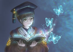 Rule 34 | 1girl, adventurer (ff11), artist name, black hat, blunt bangs, book, brown hair, bug, butterfly, closed mouth, eyelashes, final fantasy, final fantasy xi, glasses, green eyes, hat, highres, holding, holding book, hume, insect, long sleeves, mortarboard, open book, piyoco, round eyewear, scholar (final fantasy), short hair, solo, upper body