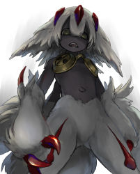 Rule 34 | 1girl, black skin, claws, colored skin, cowboy shot, dark-skinned female, dark skin, diffraction spikes, extra arms, faputa, flat chest, from below, fur, gluteal fold, hair between eyes, highres, legs apart, light rays, looking at viewer, looking down, made in abyss, monster girl, multiple tails, navel, open mouth, scowl, sharp teeth, solo, sunbeam, sunlight, tail, taira (zattairattt), teeth, white background, white fur, white hair, yellow eyes