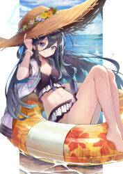 Rule 34 | 1girl, absurdly long hair, absurdres, adjusting clothes, adjusting headwear, aris (blue archive), bikini, blue archive, canteen, cloud, collarbone, flower, halo, hat, highres, holding canteen, innertube, jacket, long hair, muo (muojjang 0929), navel, ocean, open clothes, open jacket, polka dot, polka dot bikini, scrunchie, sky, smile, solo, straw hat, swim ring, swimsuit, very long hair, wrist scrunchie