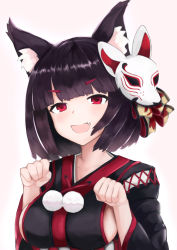 Rule 34 | 1girl, animal ear fluff, animal ears, azur lane, black hair, black kimono, blunt bangs, breasts, cat ears, fang, fox mask, highres, japanese clothes, kimono, looking at viewer, mask, mask on head, medium breasts, open mouth, paw pose, pom pom (clothes), red eyes, ryara, short hair, sideboob, simple background, smile, solo, upper body, wide sleeves, yamashiro (azur lane)