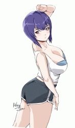 Rule 34 | 1girl, arm up, artist name, ass, black shorts, blue bra, bra, breasts, cleavage, closed mouth, collarbone, cowboy shot, ghost in the shell, highres, kusanagi motoko, large breasts, looking to the side, purple eyes, purple hair, relaxjon, shirt, short hair, short shorts, shorts, simple background, solo, standing, underwear, white background, white shirt