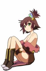 Rule 34 | 00s, 1girl, aro, brown hair, female focus, full body, gloves, green eyes, hair ornament, nan (tales), nude filter, short hair, simple background, smile, solo, tales of (series), tales of vesperia, third-party edit, white background