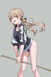 Rule 34 | 1girl, black one-piece swimsuit, blue archive, breasts, broom, brown hair, commentary, feet out of frame, grey background, hifumi (blue archive), highres, holding, holding broom, jacket, ken rqll, long hair, long sleeves, looking at viewer, low twintails, one-piece swimsuit, open clothes, open jacket, open mouth, school swimsuit, simple background, sleeves pushed up, small breasts, smile, solo, standing, swimsuit, track jacket, twintails, yellow eyes