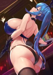 Rule 34 | 1girl, absurdres, animal ears, ass, bare shoulders, black panties, black thighhighs, blue eyes, blue gloves, blue hair, blue hairband, blue leotard, blush, breasts, butt crack, commentary request, commission, fake animal ears, fake tail, from behind, gloves, hair ornament, hairband, highres, kirikawa ikumu, large breasts, leaning back, leotard, long hair, looking at viewer, looking back, o-ring, original, panties, parted lips, ponytail, rabbit ears, rabbit tail, solo, tail, thighhighs, thighs, underwear