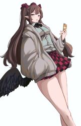 Rule 34 | 1girl, absurdres, alternate costume, black wings, dutch angle, feathered wings, hat, highres, himekaidou hatate, holding, holding phone, jacket, looking at viewer, mesuosushi, open clothes, open jacket, phone, plaid, plaid skirt, pointy ears, shirt, simple background, skirt, solo, thighs, tokin hat, touhou, white background, white shirt, wings