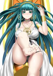 Rule 34 | 1girl, aqua hair, armlet, bare legs, barefoot, black panties, blunt bangs, blush, bracelet, breasts, choker, cleopatra (fate), cleopatra (third ascension) (fate), closed mouth, collarbone, dress, earrings, fate/grand order, fate (series), feet, foreshortening, frown, green eyes, hairband, highres, hitotsuki nebura, jewelry, large breasts, leg up, long hair, looking at viewer, necklace, panties, ringed eyes, sidelocks, solo, sweat, toes, underwear, very long hair, white dress