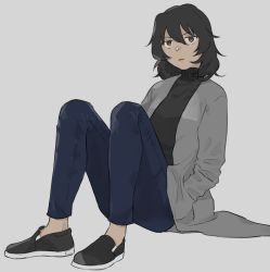 Rule 34 | 1girl, andou (girls und panzer), black footwear, black hair, black shirt, blue pants, brown eyes, closed mouth, commentary request, dark-skinned female, dark skin, full body, girls und panzer, grey background, grey jacket, hands in pockets, highres, invisible chair, jacket, kuwabara (medetaya), light frown, long sleeves, looking at viewer, medium hair, messy hair, no legwear, open clothes, open jacket, pants, shirt, shoes, simple background, sitting, solo, turtleneck