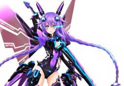 Rule 34 | 10s, 1girl, blue eyes, braid, breasts, cleavage, cleavage cutout, clothing cutout, detached wings, gloves, hair ornament, leotard, long hair, looking at viewer, neptune (neptunia), neptune (series), purple hair, purple heart (neptunia), simple background, smile, solo, sword, symbol-shaped pupils, thighhighs, twin braids, very long hair, weapon, white background, wings