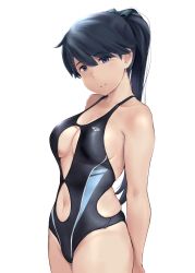 Rule 34 | 1girl, alternate breast size, alternate costume, arms behind back, bare arms, bare shoulders, black one-piece swimsuit, blue eyes, blue hair, blush, breasts, cleavage, closed mouth, clothing cutout, collarbone, commentary request, competition swimsuit, cowboy shot, hair ribbon, highleg, highleg swimsuit, highres, houshou (kancolle), kantai collection, large breasts, long hair, looking at viewer, navel, navel cutout, one-piece swimsuit, ponytail, ribbon, simple background, skindentation, smile, solo, standing, swimsuit, wa (genryusui), white background