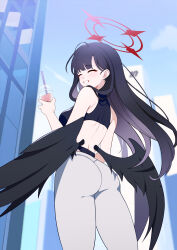 Rule 34 | 1girl, absurdres, alternate costume, ass, black hair, black sports bra, black wings, blue archive, blush, breasts, bubble tea, closed eyes, cup, feathered wings, grin, halo, highres, ichika (blue archive), large breasts, long hair, pants, schwarz rubin, smile, solo, sports bra, thighs, tight clothes, tight pants, white pants, wings, yoga pants