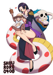 Rule 34 | 1girl, animal, artist name, bare legs, black hair, blue eyes, blush, boa hancock, breasts, commentary, dress, earrings, fangs, food, full body, hat, heart, highres, jewelry, large breasts, long hair, mask, meat, monkey, one piece, one piece: stampede, red lips, salome (one piece), sash, shouroro, sitting, skull, skull mask, smile, snake, straw hat, thighs, two-tone dress, white background