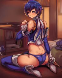 Rule 34 | 1girl, absurdres, blue eyes, blue hair, blue panties, blue sleeves, blush, boots, butt crack, closed mouth, crop top, detached sleeves, hair between eyes, high-cut armor (persona), highres, indoors, jack frost (megami tensei), long sleeves, looking at viewer, looking back, midriff, panties, persona, persona 4, purple footwear, shirogane naoto, short hair, sitting, smile, solo, thigh boots, thighhighs, toasty scones, underwear, wariza