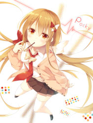 Rule 34 | 1girl, bow, brown eyes, brown hair, dress shirt, eating, food, food in mouth, hair bow, hair ornament, hairclip, hairpin, loafers, long hair, low twintails, necktie, original, pocky, pocky day, school uniform, shirt, shoes, skirt, thighhighs, toosaka asagi, twintails, very long hair, white thighhighs