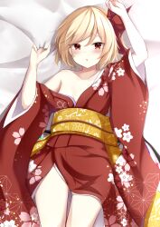 Rule 34 | 1girl, arms up, bat wings, bed sheet, blonde hair, blush, breasts, cleavage, collarbone, crystal, flandre scarlet, floral print, furrowed brow, hair between eyes, hair ribbon, half-closed eyes, highres, japanese clothes, kashiwagi yamine, kimono, long sleeves, looking at viewer, lying, medium hair, off shoulder, on back, on bed, open mouth, parted bangs, red eyes, red kimono, red ribbon, ribbon, sash, sheet grab, side ponytail, sidelocks, small breasts, solo, thighs, touhou, wide sleeves, wings, yellow sash