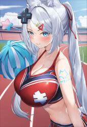 Rule 34 | 1girl, absurdres, animal ears, bare arms, bare shoulders, blue eyes, breasts, cheerleader, cleavage, crop top, d-pad, d-pad hair ornament, day, fox ears, grin, hair ornament, hair ribbon, hairclip, halterneck, highres, holding, holding pom poms, indie virtual youtuber, large breasts, long hair, looking at viewer, midriff, mizuki (vtuber), navel, oukafafafa, outdoors, pom pom (cheerleading), pom poms, red shirt, red skirt, ribbon, shirt, shoulder tattoo, skirt, sleeveless, sleeveless shirt, smile, solo, stomach, tattoo, track and field, twintails, upper body, very long hair, virtual youtuber, white hair