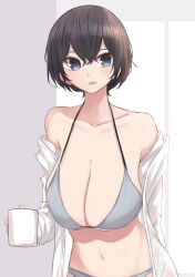 Rule 34 | 1girl, absurdres, bikini, black hair, blue bikini, breasts, cleavage, cup, earrings, highres, holding, holding cup, jewelry, large breasts, looking at viewer, mug, navel, off shoulder, open clothes, open shirt, original, rucchiifu, short hair, solo, swimsuit