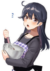 Rule 34 | 1girl, :o, ahoge, akagi kurage, alternate costume, apron, black shirt, blue apron, blue hair, blush, bowl, breasts, gingham, highres, kantai collection, long hair, long sleeves, notice lines, open mouth, shirt, simple background, solo, upper body, ushio (kancolle), white background