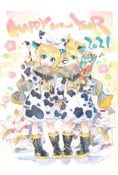 Rule 34 | 1boy, 1girl, animal costume, animal print, bell, black collar, black footwear, blonde hair, blue eyes, boots, bow, box, bubble, character print, cherry blossoms, chinese zodiac, collar, commentary, cow, cow costume, cow print, cow tail, facepaint, food, fruit, full body, hagoita, hair bow, hair ornament, hairclip, hand up, hanetsuki, happy new year, hatsune miku, highres, holding, holding hands, holding paintbrush, kadomatsu, kagami mochi, kagamine len, kagamine rin, kei (keigarou), looking at viewer, mandarin orange, neck bell, new year, one eye closed, open mouth, paddle, paintbrush, plaid, plaid scarf, sailor collar, scarf, shared clothes, shared scarf, shide, short hair, short ponytail, sleeping, smile, spiked hair, standing, swept bangs, tail, tail bow, tail ornament, vocaloid, white bow, year of the ox, yellow bow