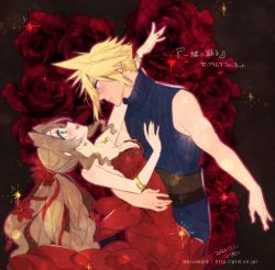 Rule 34 | 1boy, 1girl, aerith gainsborough, aerith gainsborough (red dress), arm around back, arm over shoulder, armlet, back bow, bare arms, belt, blonde hair, blue eyes, blue shirt, blush, bow, bracelet, breasts, brown hair, cleavage, cloud strife, couple, dancing, dress, earrings, final fantasy, final fantasy vii, final fantasy vii remake, flamenco dress, flower, green eyes, hair flower, hair ornament, hair ribbon, hand on another&#039;s chest, jewelry, krudears, long hair, looking at another, medium breasts, multiple belts, nail polish, necklace, official alternate costume, open mouth, parted bangs, ponytail, red dress, red flower, red nails, red ribbon, red rose, ribbon, rose, shirt, short hair, single earring, sleeveless, sleeveless turtleneck, smile, sparkle, spiked hair, square enix, strapless, strapless dress, turtleneck, upper body, wall market