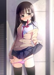 Rule 34 | 1girl, black hair, black thighhighs, blush, bow, bow panties, brown eyes, cardigan, clothes lift, commentary request, gluteal fold, hair ornament, hairclip, long hair, long sleeves, looking at viewer, mouth hold, nagayama yuunon, off shoulder, original, panties, panty pull, pink panties, pleated skirt, school uniform, skirt, skirt lift, smile, solo, standing, thighhighs, underwear