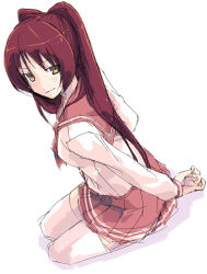 Rule 34 | 00s, 1girl, brown eyes, from above, kousaka tamaki, long sleeves, looking at viewer, looking up, pink shirt, pleated skirt, red hair, red skirt, sailor collar, school uniform, shirt, simple background, skirt, smile, solo, thighhighs, to heart (series), to heart 2, twintails, white background, white thighhighs, zettai ryouiki