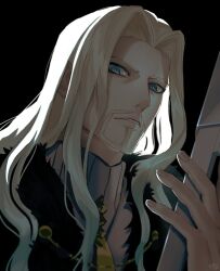 Rule 34 | 1boy, ayamatazu, beard, black background, blonde hair, blue eyes, bright pupils, cape, facial hair, fate/apocrypha, fate (series), fingernails, fur-trimmed cape, fur trim, holding, long hair, looking at viewer, male focus, parted lips, sidelighting, solo, vlad iii (fate/apocrypha), wavy hair, white pupils