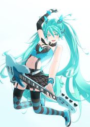Rule 34 | 1girl, absurdres, aqua eyes, aqua hair, argyle, argyle clothes, argyle legwear, arm up, asymmetrical legwear, belt, bracelet, collar, drevil ducky, electric guitar, fingerless gloves, garter straps, gloves, guitar, hatsune miku, headset, highres, instrument, jewelry, long hair, looking at viewer, midriff, mismatched legwear, navel, necktie, open mouth, patterned legwear, pleated skirt, simple background, skirt, solo, striped clothes, striped thighhighs, suspenders, thighhighs, twintails, very long hair, vocaloid, white background