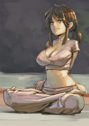 Rule 34 | 1girl, arms behind back, aro (charged time out), bad id, bad pixiv id, barefoot, blue eyes, breasts, brown hair, cleavage, crop top, crossed arms, large breasts, crossed legs, lotus position, midriff, original, ponytail, short hair, short ponytail, sitting, smile, solo, yoga