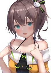 Rule 34 | 1girl, :d, ahoge, bare shoulders, black camisole, black ribbon, brown hair, buttons, camisole, cat hair ornament, collarbone, green eyes, green ribbon, hair between eyes, hair ornament, hair ribbon, highres, hololive, jacket, looking at viewer, medium hair, menmen (menmen13s), natsuiro matsuri, natsuiro matsuri (1st costume), off-shoulder jacket, off shoulder, open mouth, orange jacket, pinstripe camisole, pinstripe pattern, ribbon, short sleeves, side ponytail, simple background, smile, solo, spaghetti strap, striped, untying, upper body, virtual youtuber, white background