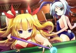 Rule 34 | 2girls, absurdres, animal ears, anne bonny (fate), ass, back, bare shoulders, blonde hair, blue eyes, blue hair, breasts, playboy bunny, cleavage, fate/grand order, fate (series), green eyes, hair ornament, hairband, highres, long hair, mary read (fate), medium breasts, multiple girls, ribbon, short hair, small breasts, smile, tail, twintails